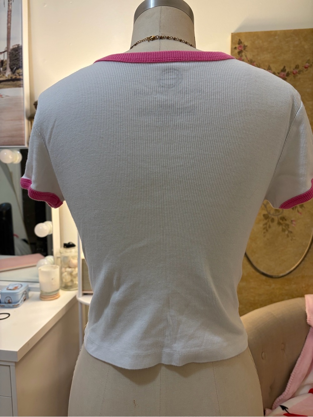 Social Culture White Ribbed Tee with Pink Ringer - Picture 2 of 3